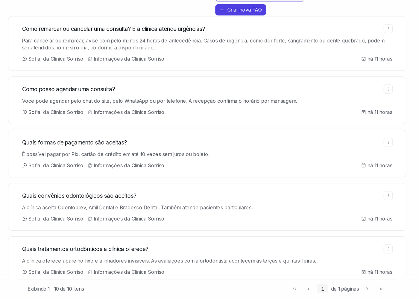 Real screen: the list of Copilot FAQs (rescheduling, booking, payment methods, insurance and treatments), each with its source document