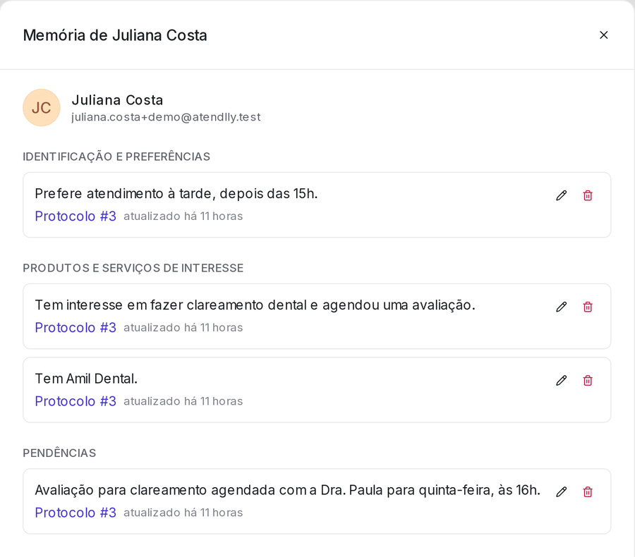 Tela real da memória do Copiloto sobre uma paciente fictícia: prefere atendimento à tarde, tem interesse em clareamento, tem Amil Dental e uma avaliação agendada