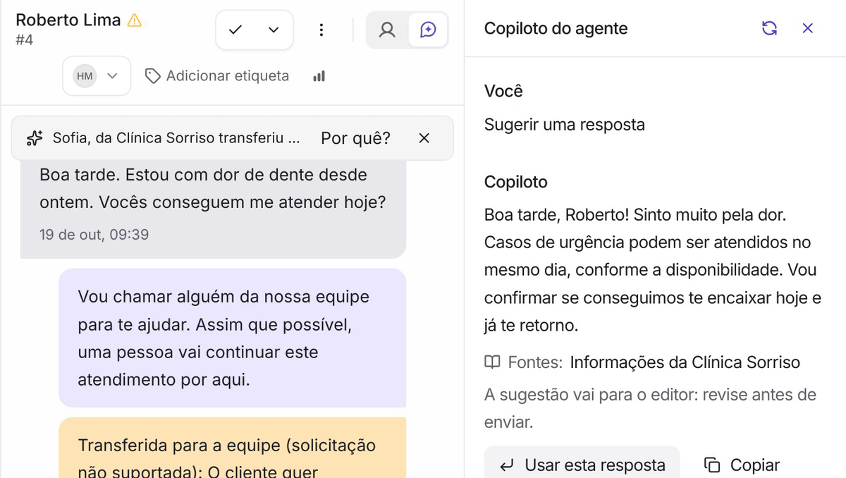 Real screen: a patient's conversation on the left and, on the right, Agent Copilot suggesting a reply and showing its source