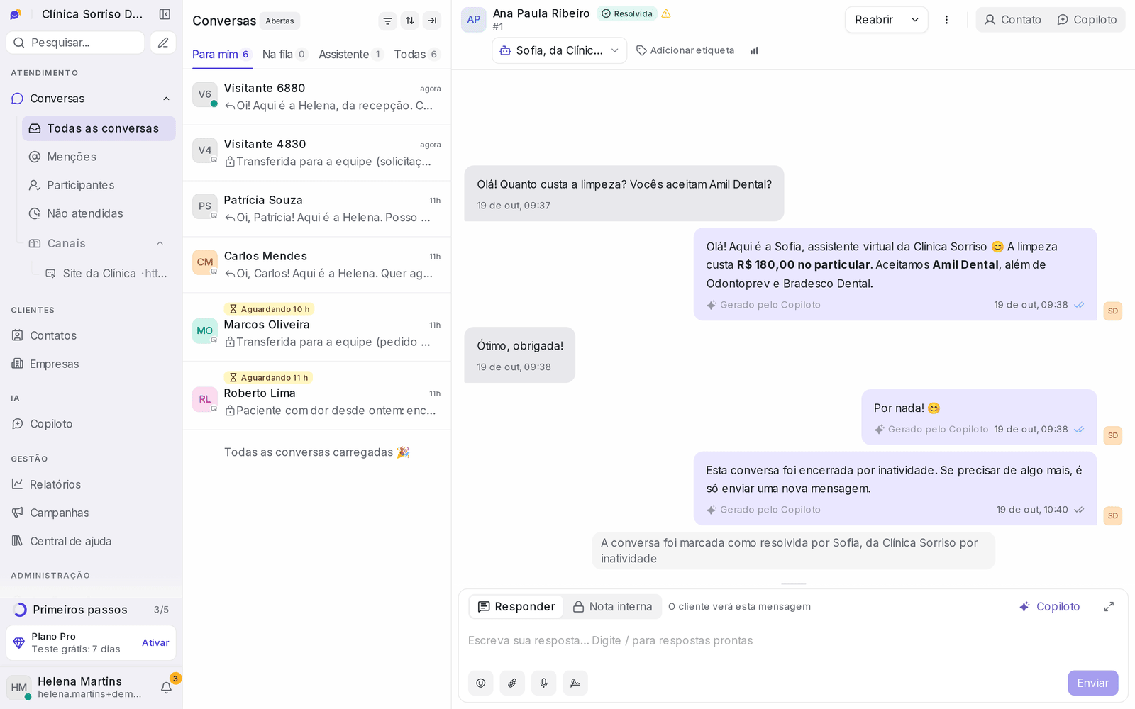 Tela real da caixa de entrada de uma clínica fictícia: o Copiloto responde que a limpeza custa R$ 180,00 no particular e quais convênios a clínica aceita
