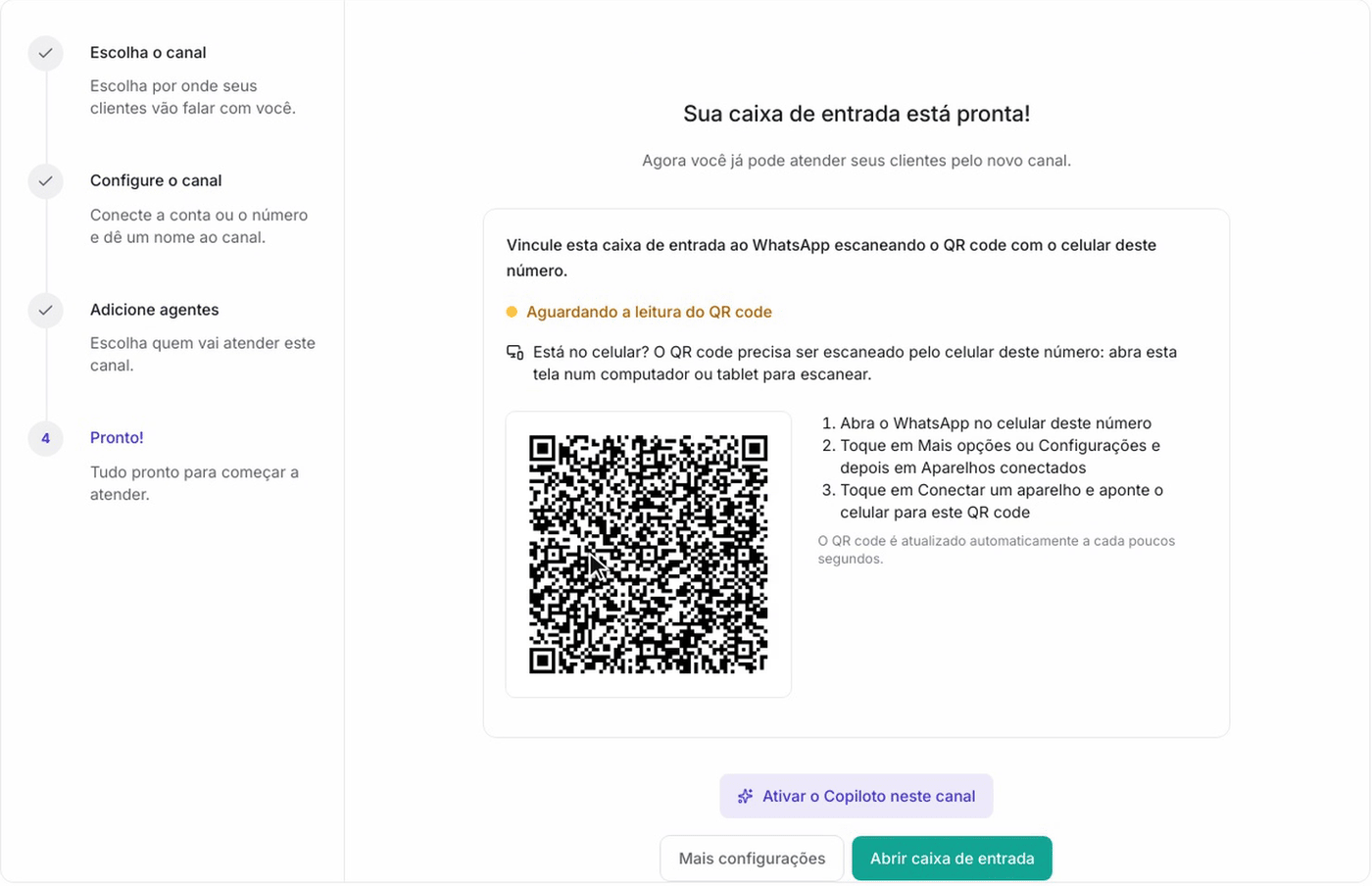 Real screen: a WhatsApp inbox just created, with the QR code waiting to be scanned and the steps to connect the phone